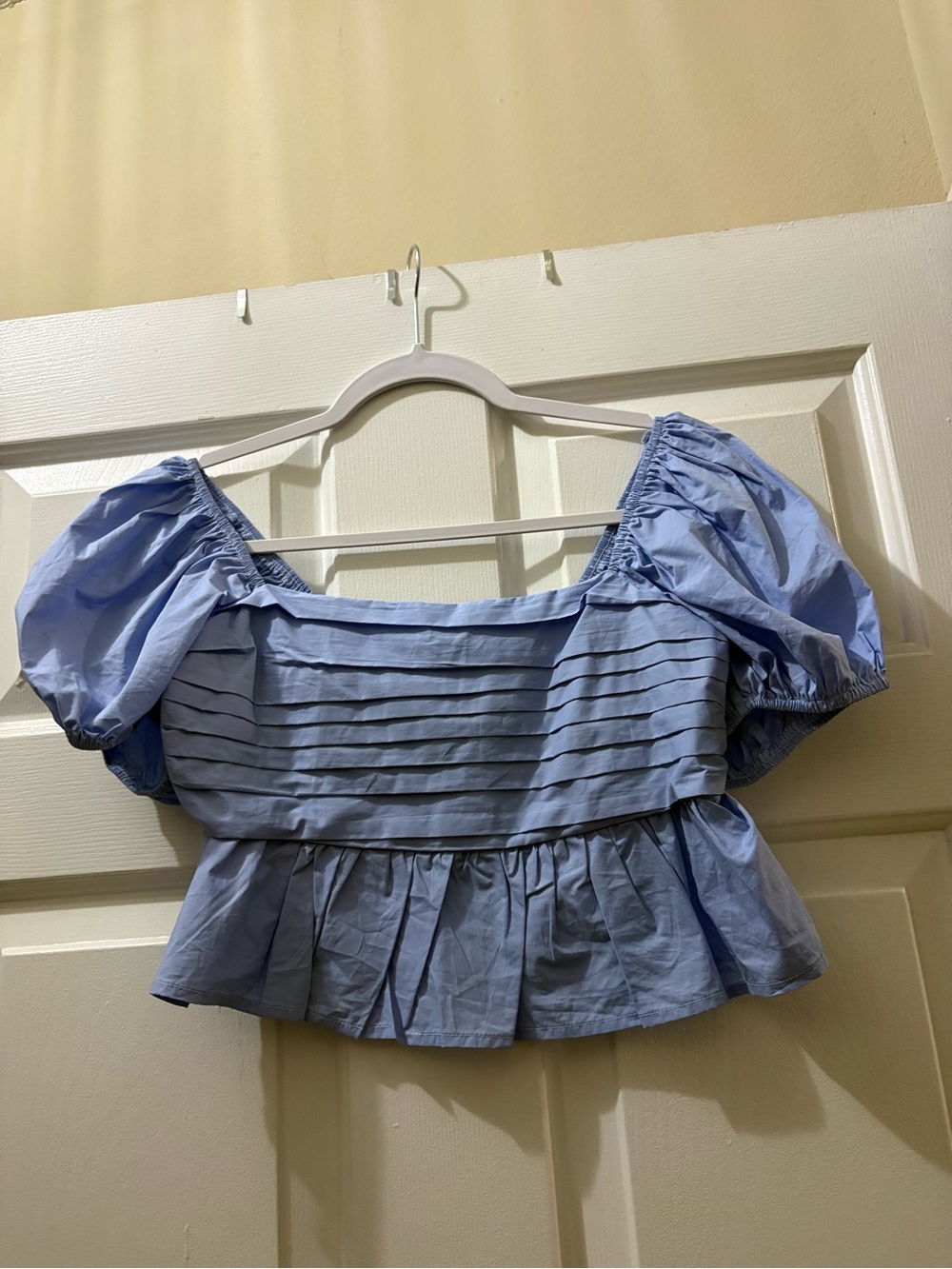 Altar'd State Light Blue Puff Sleeve Pleated Peplum Blouse